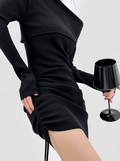 DOUBLE Z Black Knitted Dress Women Autumn Sexy Strapless One-Line Neck Long Sleeve Drawstring Pleated Hip Skirt