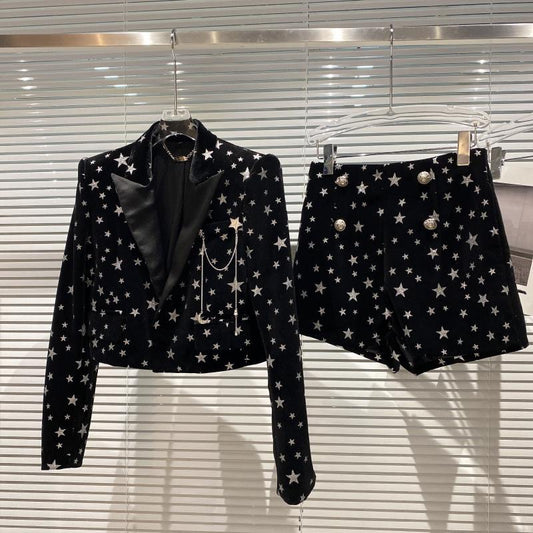 Net red same style 2022 autumn new star shiny suede pin jacket suit + three-point shorts suit female