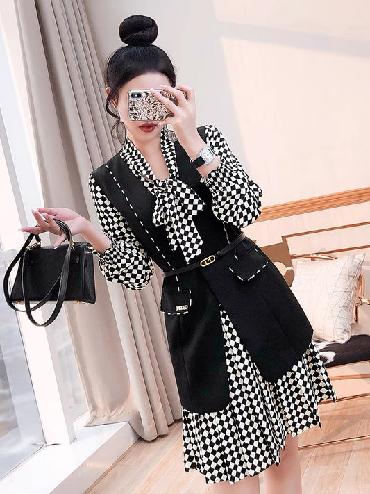 College style suit winter women's clothing 2022 new autumn clothing Western style fried street plaid temperament vest dress two-piece