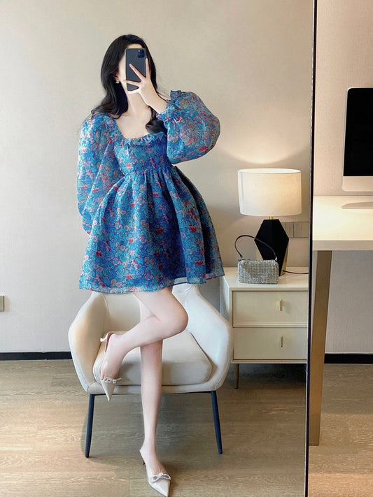 The fugitive princess's tutu skirt 2023 spring new style waist slimming French sweet gauze floral dress female