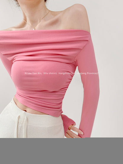 Sunset Sweetheart Pure Desire Wind Fold Slanted Shoulder Clavicle Long-sleeved T-Shirt Female Tight Slim Short Section Navel Knitwear