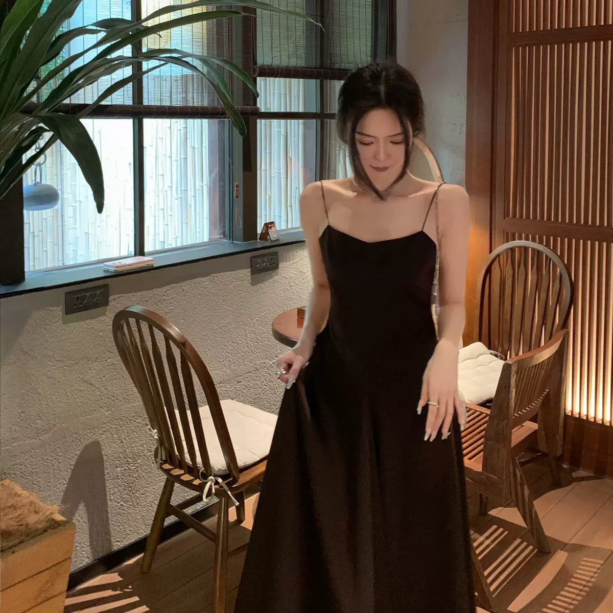 Middletone | Wabi-Sabi Skirt~Cool and minimalist brown halter dress with satin dress for women