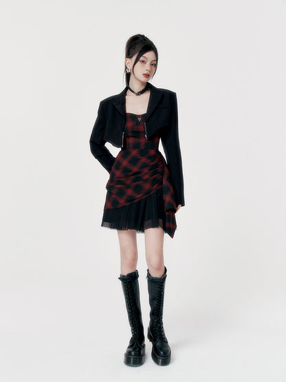 VOCK Original Rebellious Romance Punk Rock Red Heige Sweet Cool Waist Slimming Irregular Splicing Yarn Tube Top Dress
