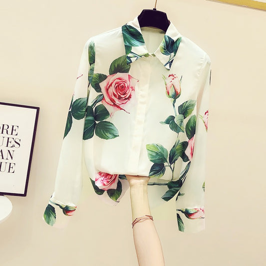 Women's shirts 2022 new printed foreign style feminine temperament chiffon top long-sleeved design niche shirt