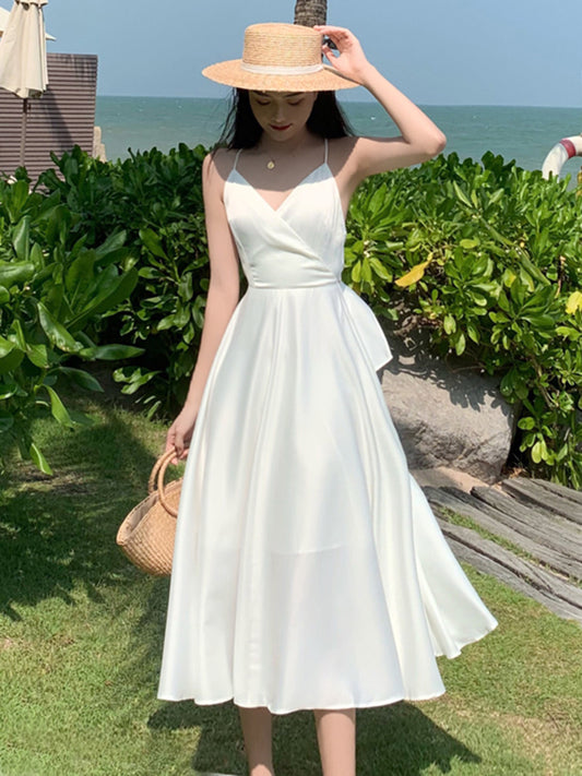 French retro satin sexy super fairy white sling dress seaside holiday style backless beach long skirt female summer