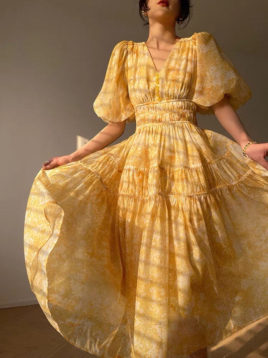 Aconiconi｜ Hanano Manshan French print tea break V-neck waist high-end design midi dress