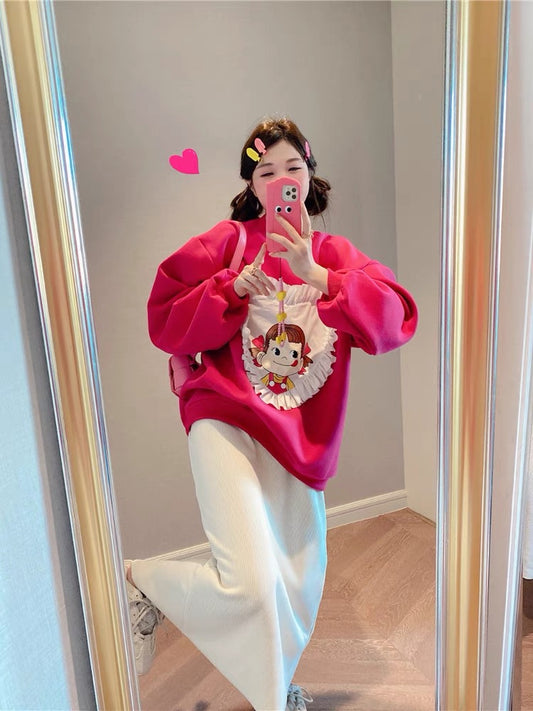 JENNIFER JXLIU Korea autumn and winter ^ cute sister cartoon big peach heart stitching dragon fruit loose sweater