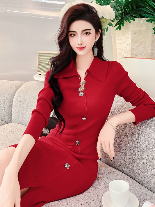 Sister Fei custom-made ladies POLO collar knitted dress 2022 winter new female slimming slim wrap hip skirt