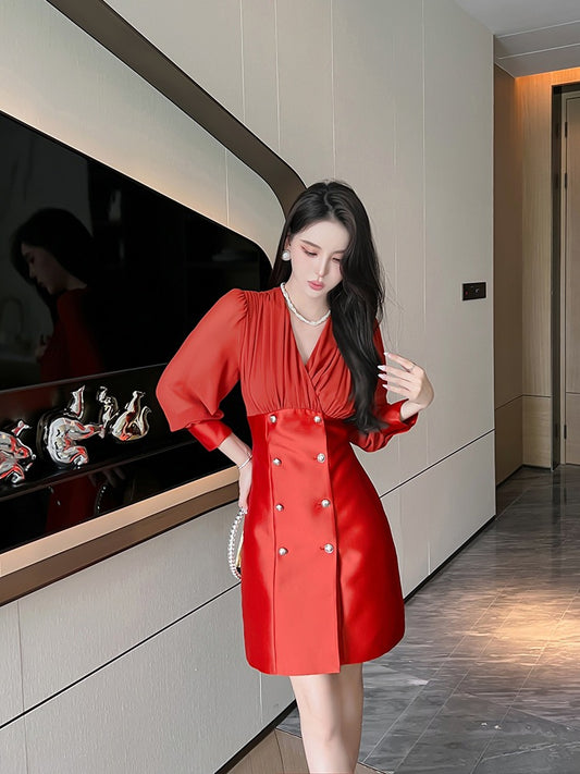 European station French ladies small fragrance red dress long sleeves autumn and winter temperament goddess fan high-end small dress female