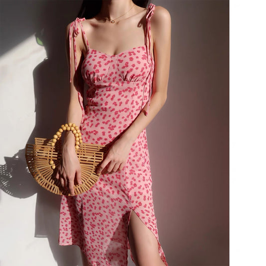 French girl romantic small red flower suspender skirt floral skirt retro waist slim slim long skirt holiday dress