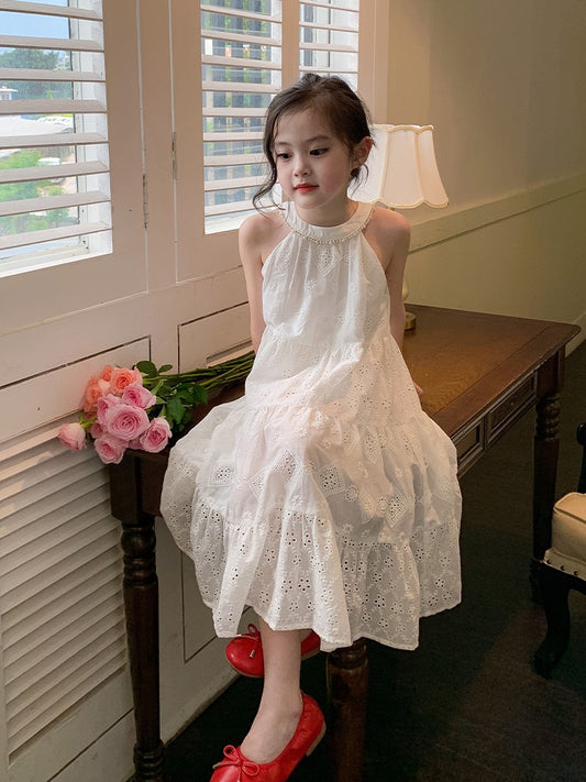 Girls white princess dress 2023 summer new children's baby high-quality halter neck dress holiday wind dress