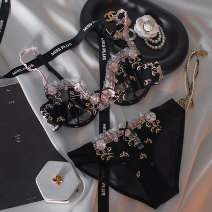 French style underwear feminine ultra-thin see-through embroidery lace big breasts small and thin soft steel ring anti-sagging bra