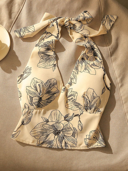 Hong Kong style retro print hanging neck camisole female hot girl sexy beauty strap chest pad bottoming sleeveless top for outerwear
