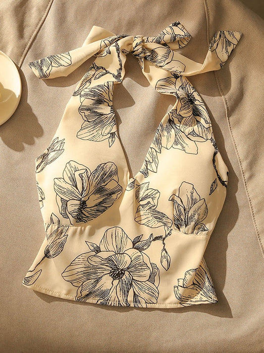 Hong Kong style retro print hanging neck camisole female hot girl sexy beauty strap chest pad bottoming sleeveless top for outerwear