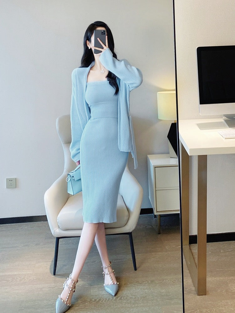 Korean drama wear three-piece suit winter 2022 new goddess fan temperament celebrity French gentle knitted sweater suit skirt