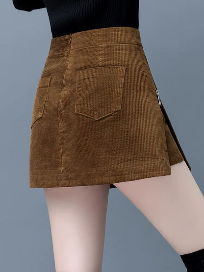 Corduroy shorts women's autumn and winter 2022 new hot style side zipper A-line skirt high waist culottes integrated boot pants