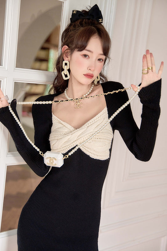 Toba square collar tube top hot girl black knitted dress female early spring and autumn birthday party dating evening dress skirt