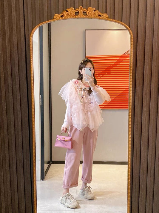 JENNIFER JXLIU Korea Dongdaemun Winter Fairy Pink Mesh Small Flower Slim Fit Knit Sweater