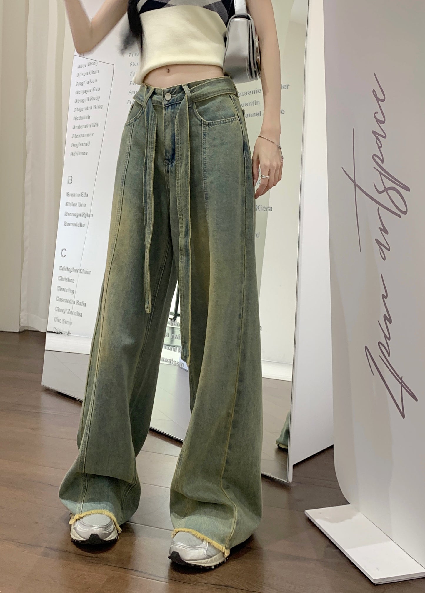 Retro old raw edge jeans women's summer high waist loose straight trousers design sense wide leg mopping pants