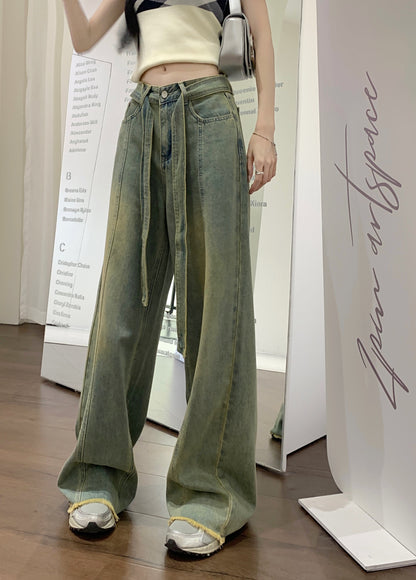 Retro old raw edge jeans women's summer high waist loose straight trousers design sense wide leg mopping pants
