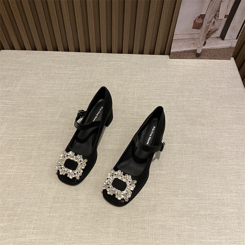 Rhinestone square toe single shoes women's autumn thick heel with evening style temperament French retro jk Mary Jane small leather shoes women