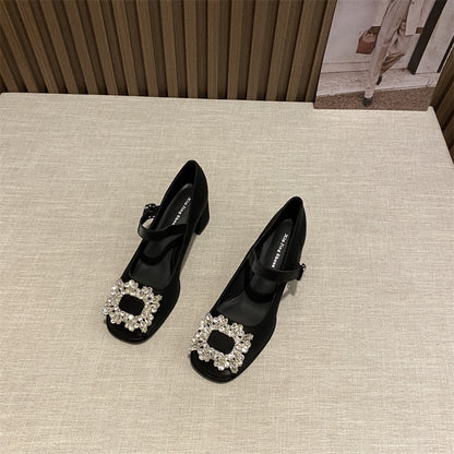 Rhinestone square toe single shoes women's autumn thick heel with evening style temperament French retro jk Mary Jane small leather shoes women