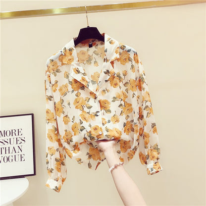 2022 early autumn new retro yellow small floral shirt women's all-match long-sleeved design sense niche fashion top