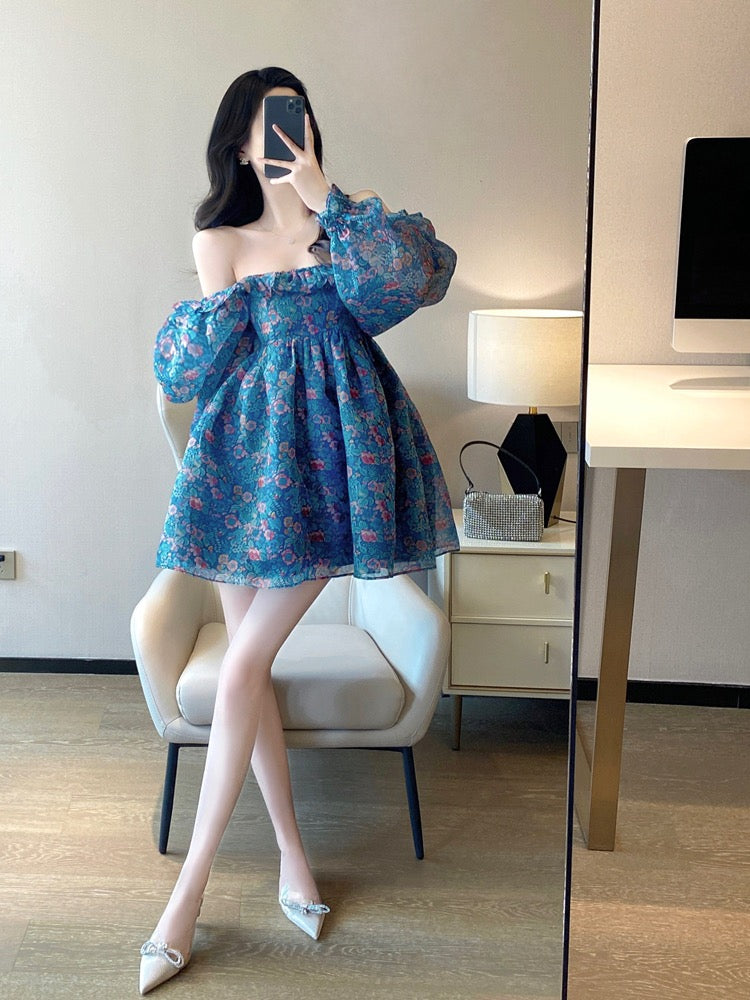 The fugitive princess's tutu skirt 2023 spring new style waist slimming French sweet gauze floral dress female