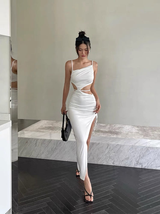 Jingye Sexy Hollow Sling Dress Female Summer Slim Small Design Sense Side Split Drawstring Hip Long Skirt