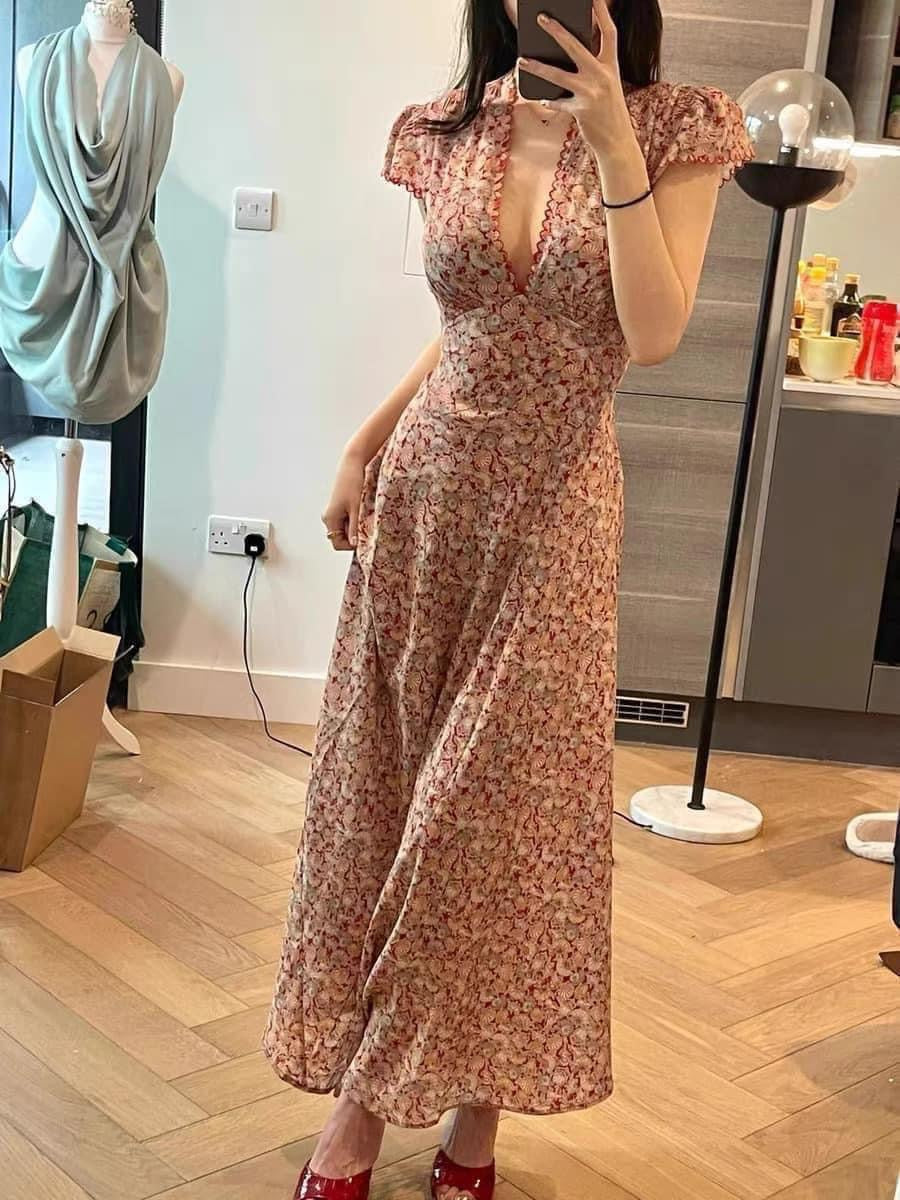 DOEN2022 summer retro print high waist tie dress V-neck slim waist French floral dress women 1987