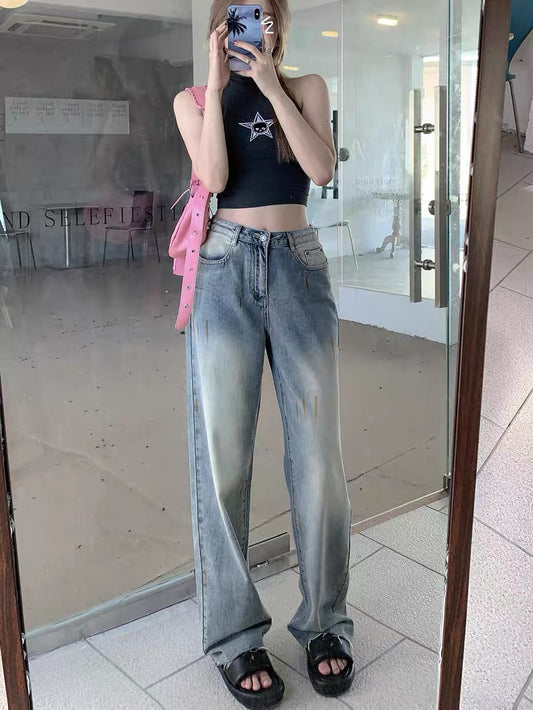 kumikumi retro old jeans loose wide leg pants summer high waist straight pants mopping pants long pants women 2928