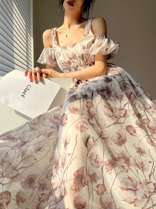 Aconiconi｜Kapok Poetry French tea break niche design hand-beaded off-the-shoulder flower bud sleeve dress