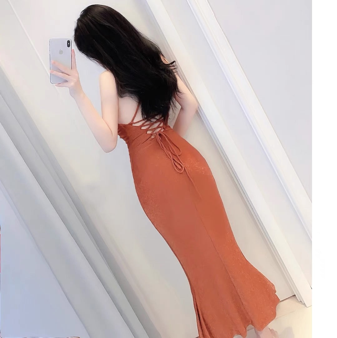 Long large open back temperament halter neck waist temperament dress