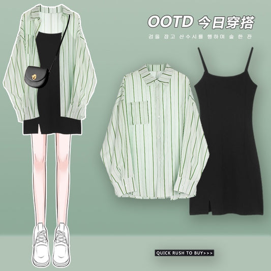 Salt-style fried street hot girl suspender skirt sweet and spicy small suit 2023 new female light mature royal sister style shirt two-piece summer