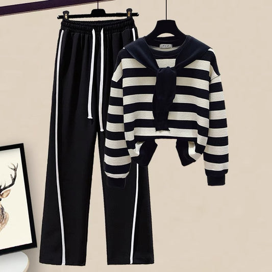 Small man wears lazy college style long-sleeved shawl sweater casual pants women's sports suit two-piece in early autumn