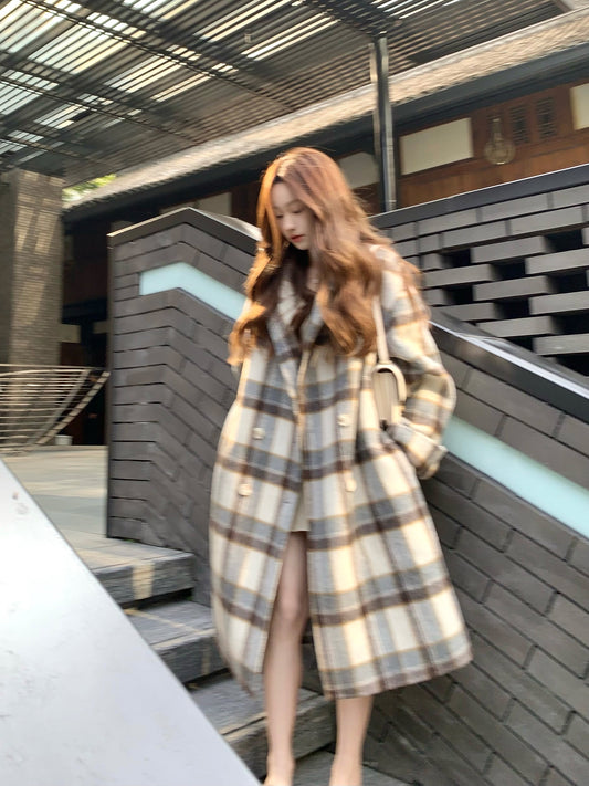 COOLLINE Lin Zixi Elegance Elegance First Plaid Classic Version Long Section Double-sided Wool Coat