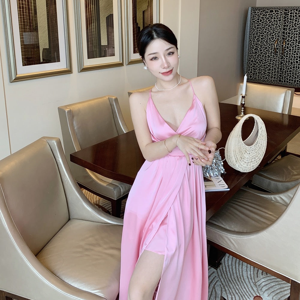 Seaside holiday beach skirt Xia Sanya travel wear sexy backless pink dress temperament dress super fairy