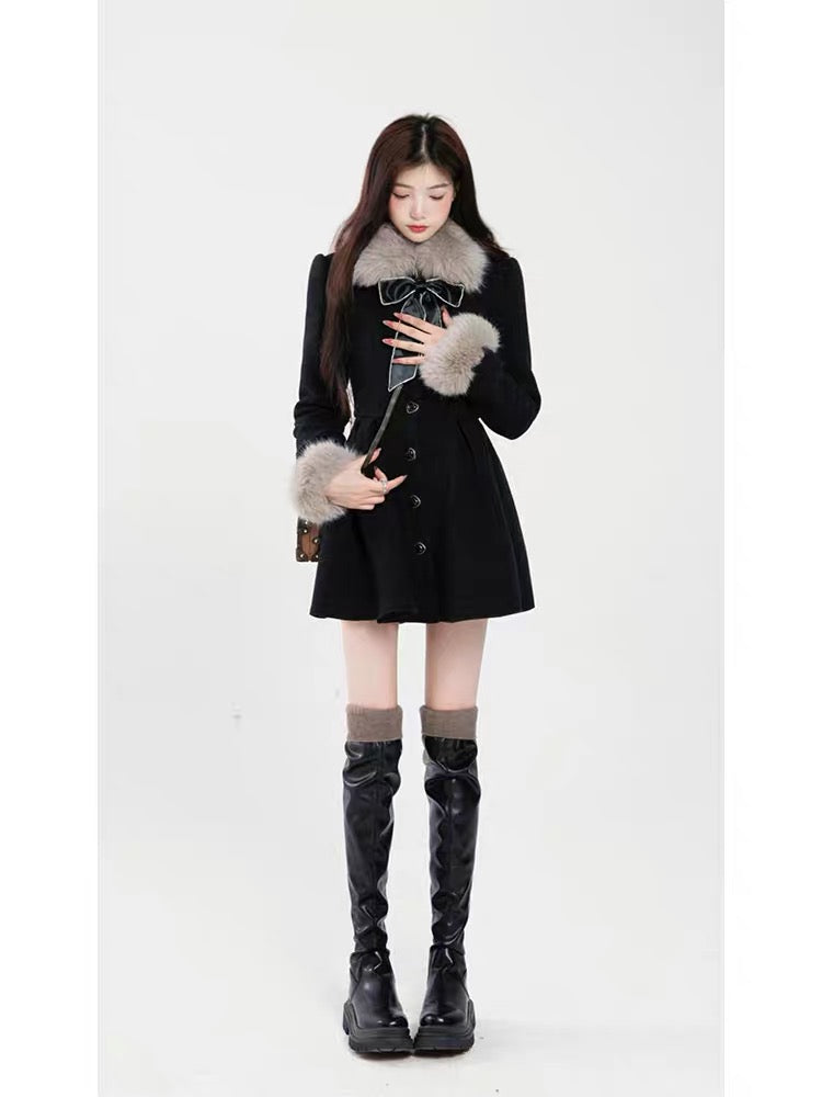 Aunt Barbie Christmas Wool Dress Women Autumn and Winter Chinese New Year Thickened Fur Collar New Year Bow Knot Pleated Suit Skirt