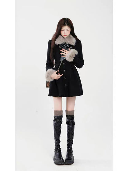 Aunt Barbie Christmas Wool Dress Women Autumn and Winter Chinese New Year Thickened Fur Collar New Year Bow Knot Pleated Suit Skirt