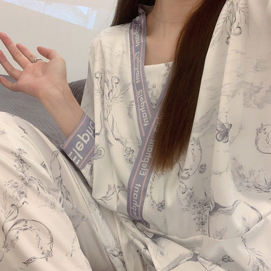 Spring, autumn and summer ice silk three-piece pajamas women's half-sleeved 2022 new cute deer suspender home service suit