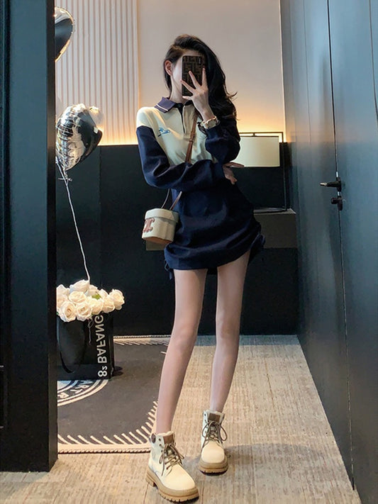 Polo collar dress women's 2023 spring new small fashion splicing western style reducing age waist slimming skirt