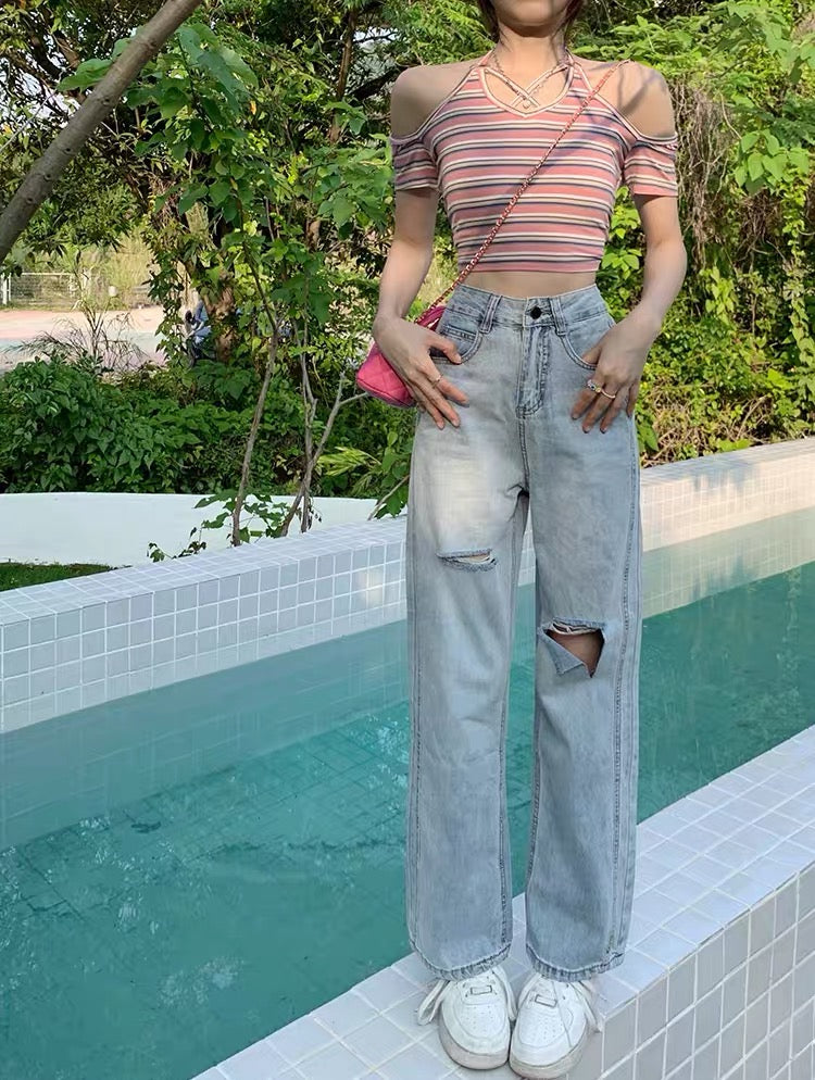 Niche fried street jeans women's thin summer high waist design wide leg pants loose mopping pants trousers pants trendy 1143
