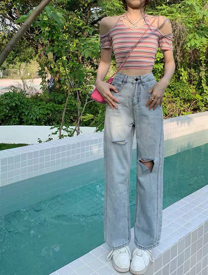 Niche fried street jeans women's thin summer high waist design wide leg pants loose mopping pants trousers pants trendy 1143