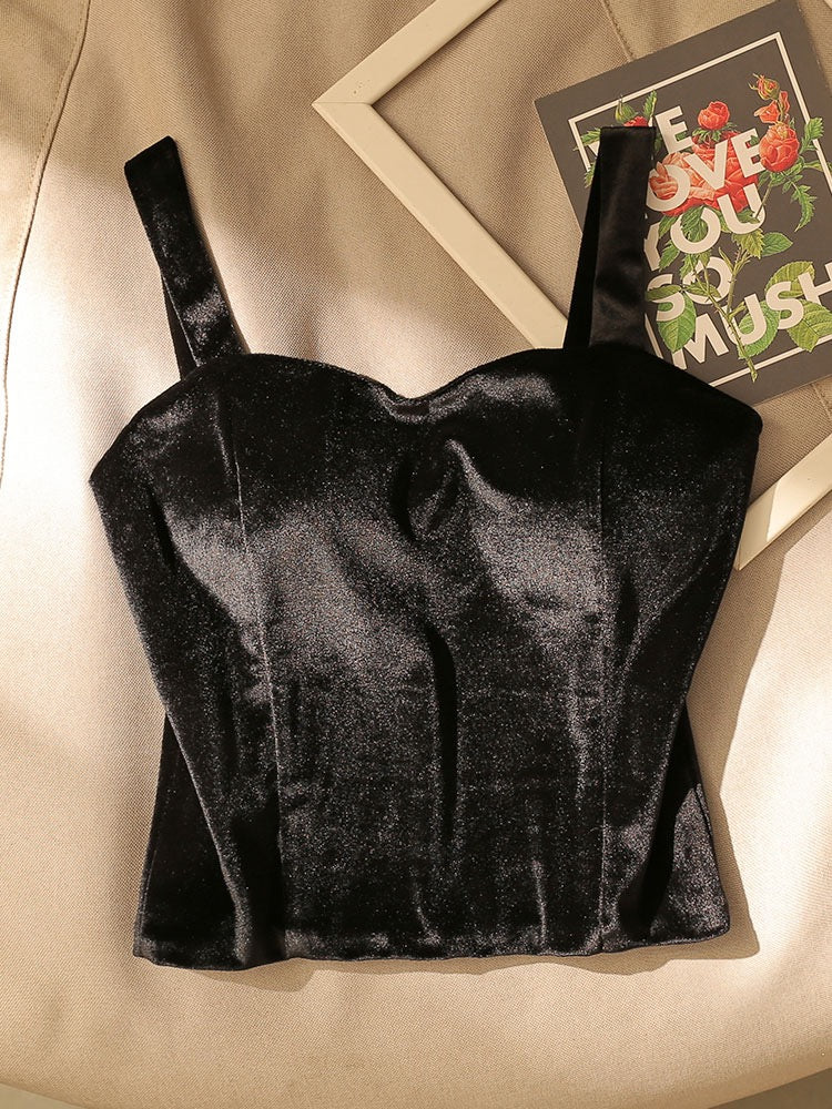 French style black velvet camisole women's suit with sexy chest pad bottoming tube top sleeveless top