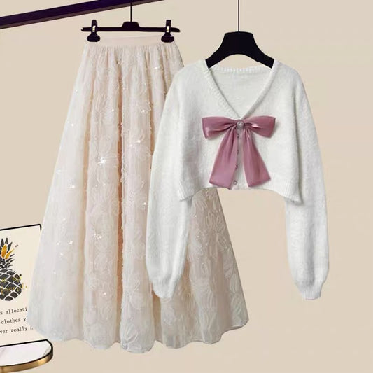 Early autumn milk French style wear bow sweater women's skirt high-end autumn two-piece small fragrance suit
