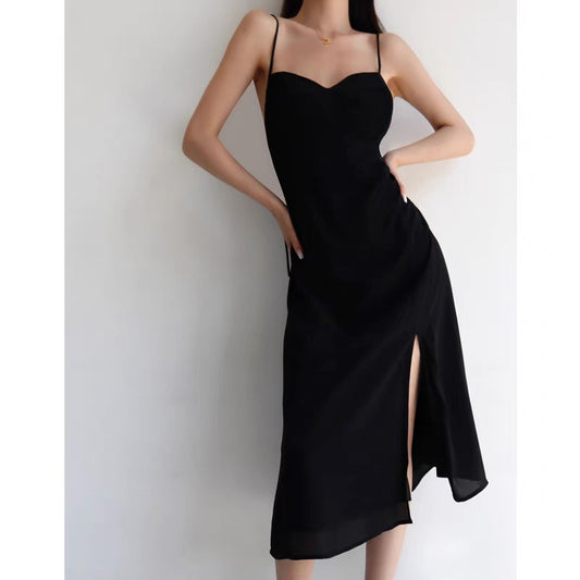 French retro black wrap chest suspender skirt retro waist sexy side slit tie dress beach holiday skirt