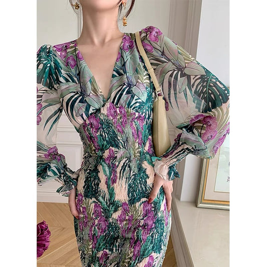 MONA original summer heavy industry super laborious and fine hand-printed cable printing clear color dress women