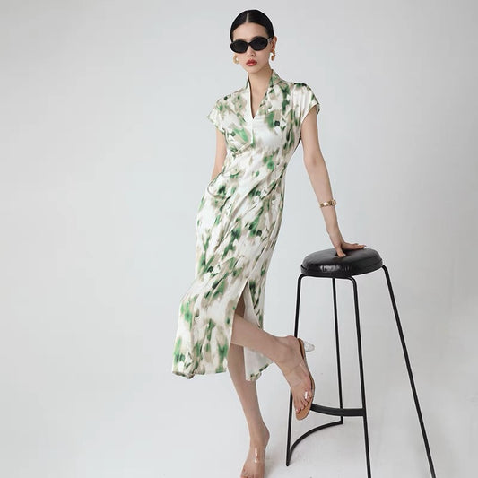 WANGXO Ink print V-neck temperament dress women's summer 2022 new waist and thin slit midi skirt