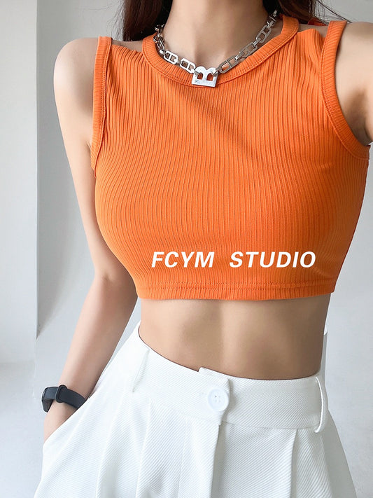 European and American solid color camisole women's outer wear summer hollow inner wear short section exposed navel sexy slim slim sleeveless top