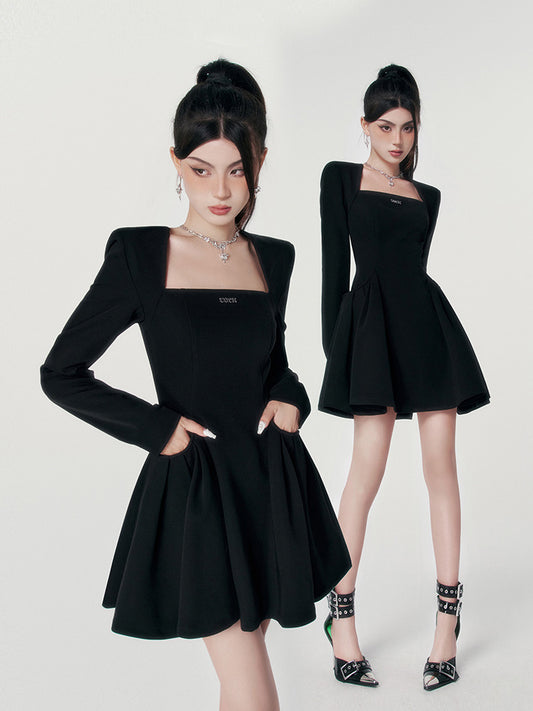 VOCK New Year's T-shirt, giant thin, dark style, high-end sense, square collar pocket tutu skirt, autumn and winter dress